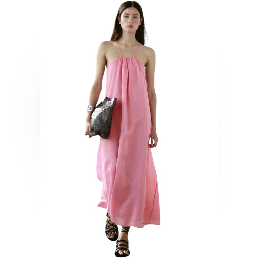 Massimo Dutti Long Gathered Pink Dress With a Halter Neckline  in Sz S